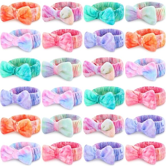 24 Pieces Spa Headband Skincare Microfiber Tie Dye Headband Elastic Bow Tie Make